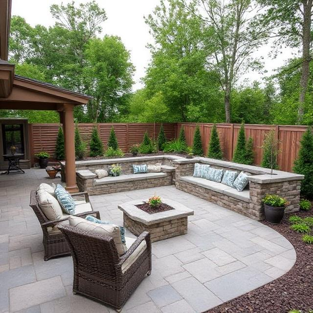 Custom outdoor living layout with firepit and seating