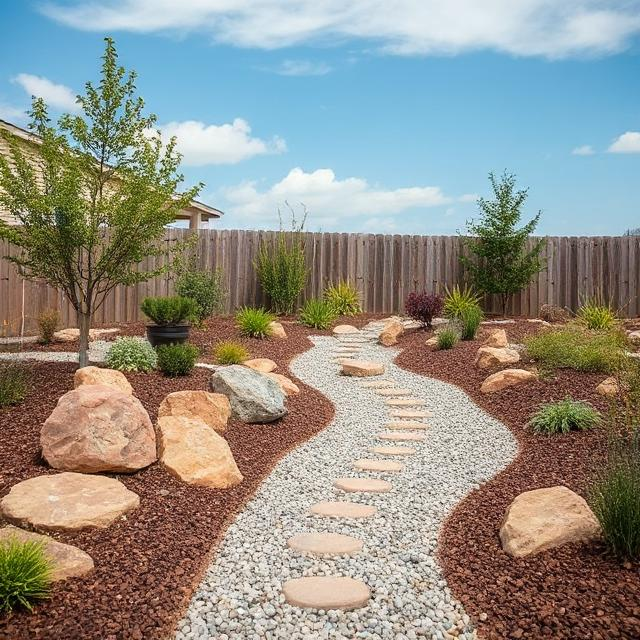 Gravel xeriscape with agave and olive trees