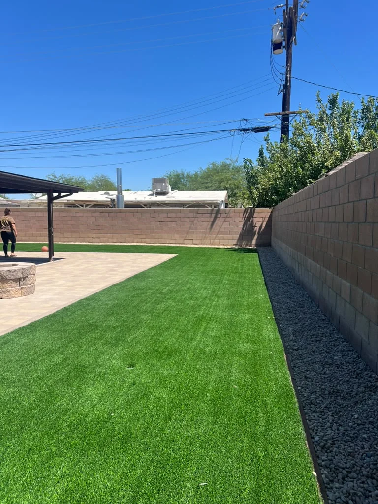 Artificial turf, pavers, and decorative gravel project completed in Indio, CA by Omdan Development